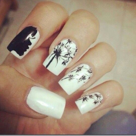 Black and White Dandelion Nail
  Art