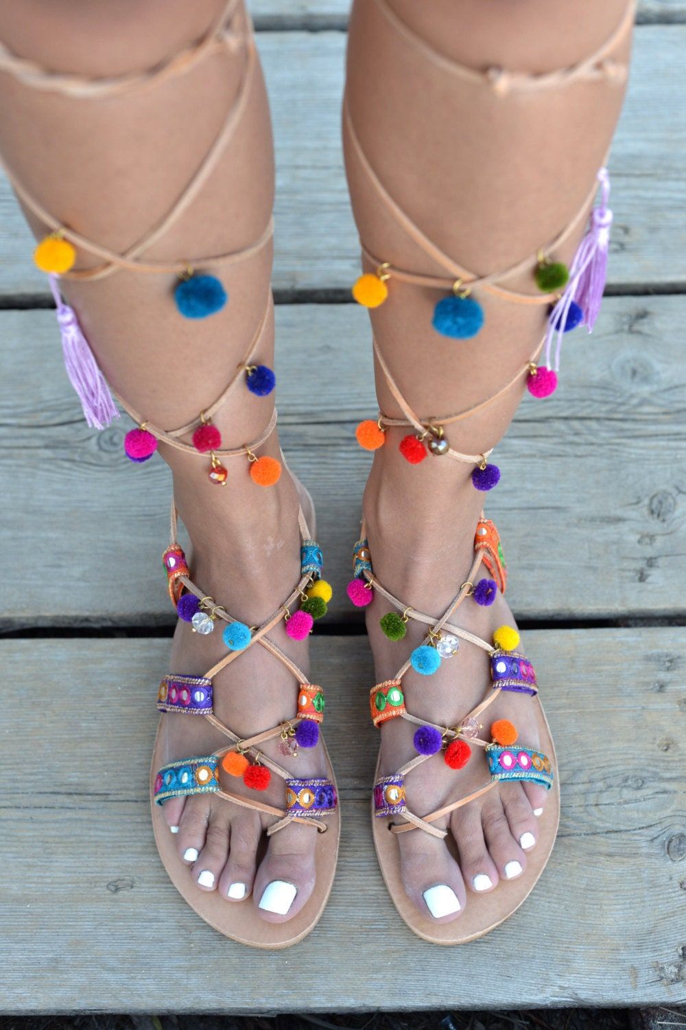 Lace Up Pom Pom Sandals