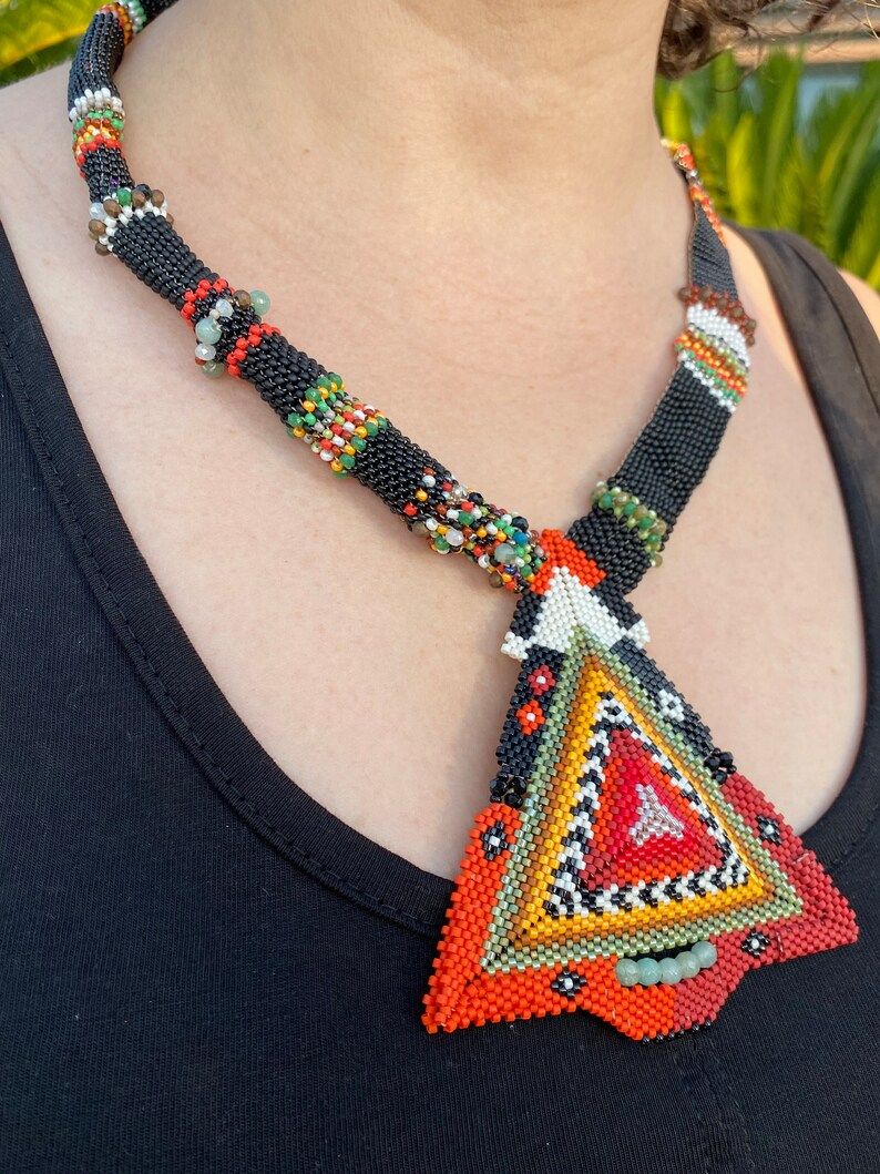 Stunning Handcrafted Beaded Triangle Necklace